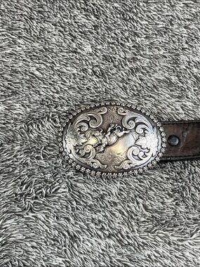 Nocona Kids Western Leather Belt Size 18 Bull Rider Trophy Buckle Floral Silver